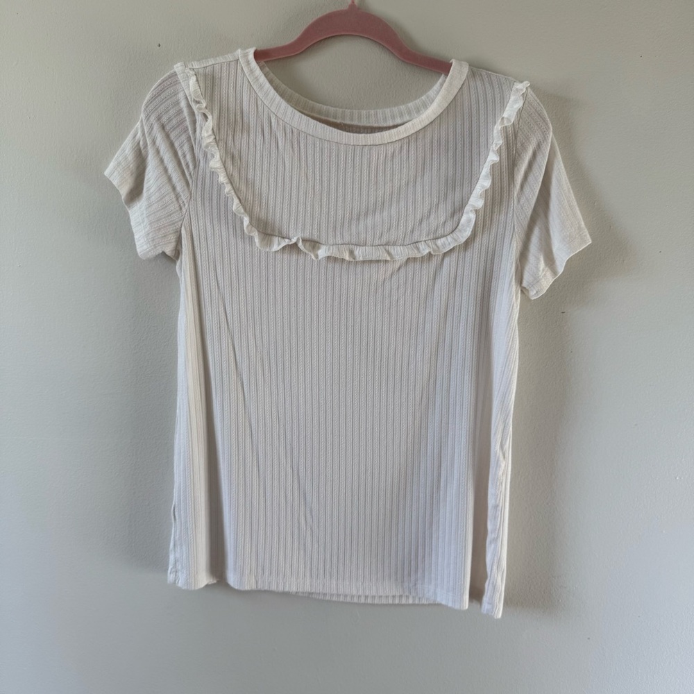 LOFT white Short Sleeve Top with Ruffle Detail